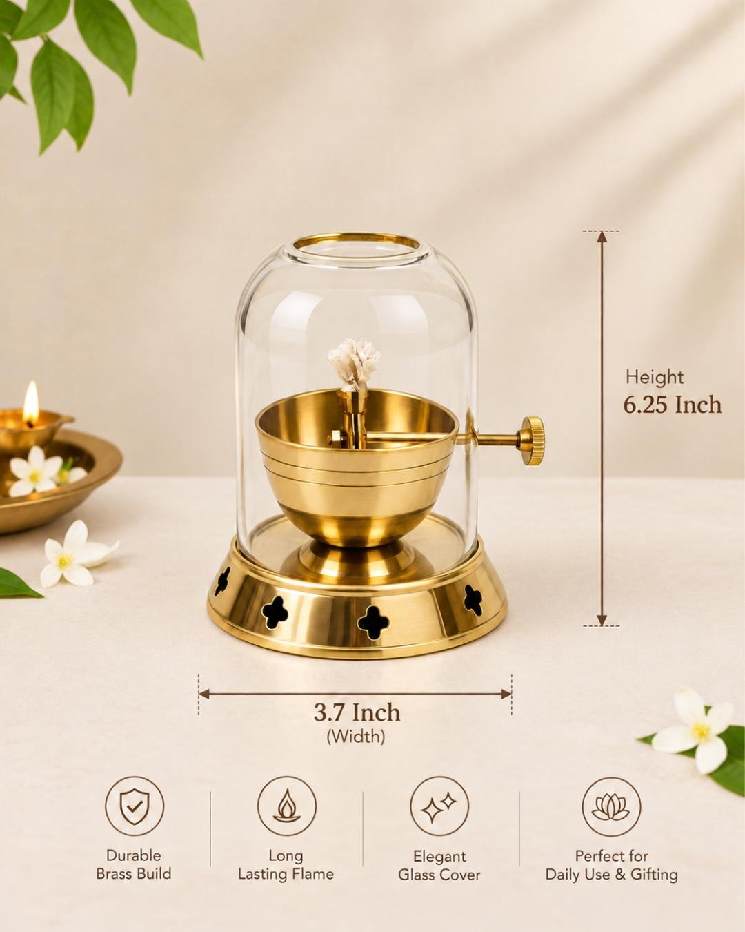 BADV2-3 Brass Akhand Diya with Glass Cover & Lid for Pooja - Image 3