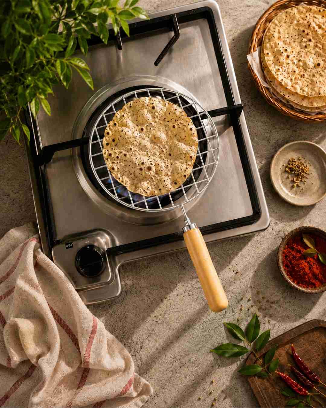 CP26D1.1 Premium Stainless Steel Papad Jali with Wooden Handle for Roti & Phulka - Image 1