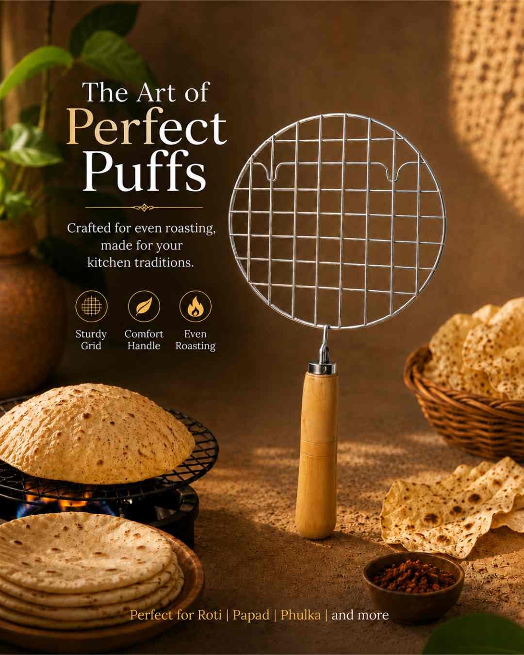 CP26D1.2 Premium Stainless Steel Papad Jali with Wooden Handle for Roti & Phulka - Image 3