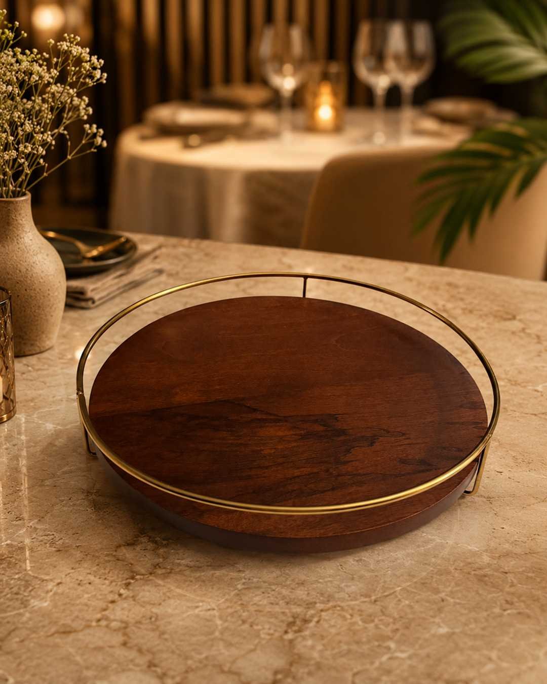 P10 1 Wooden Serving Tray with Metal Handle for Snacks Fruits & Dining - Image 1