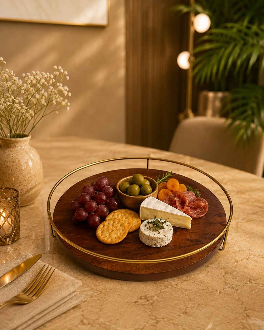 P10 3 Wooden Serving Tray with Metal Handle for Snacks Fruits & Dining - Image 3