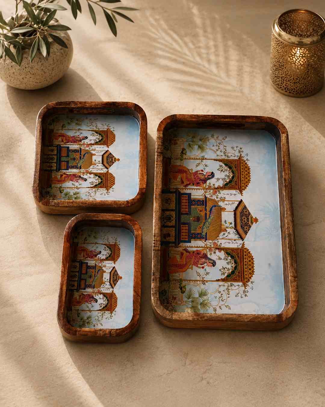 P11D1 2 Wooden Serving Tray Set of 3 for Snacks, Fruits, Desserts and Dining - Image 1