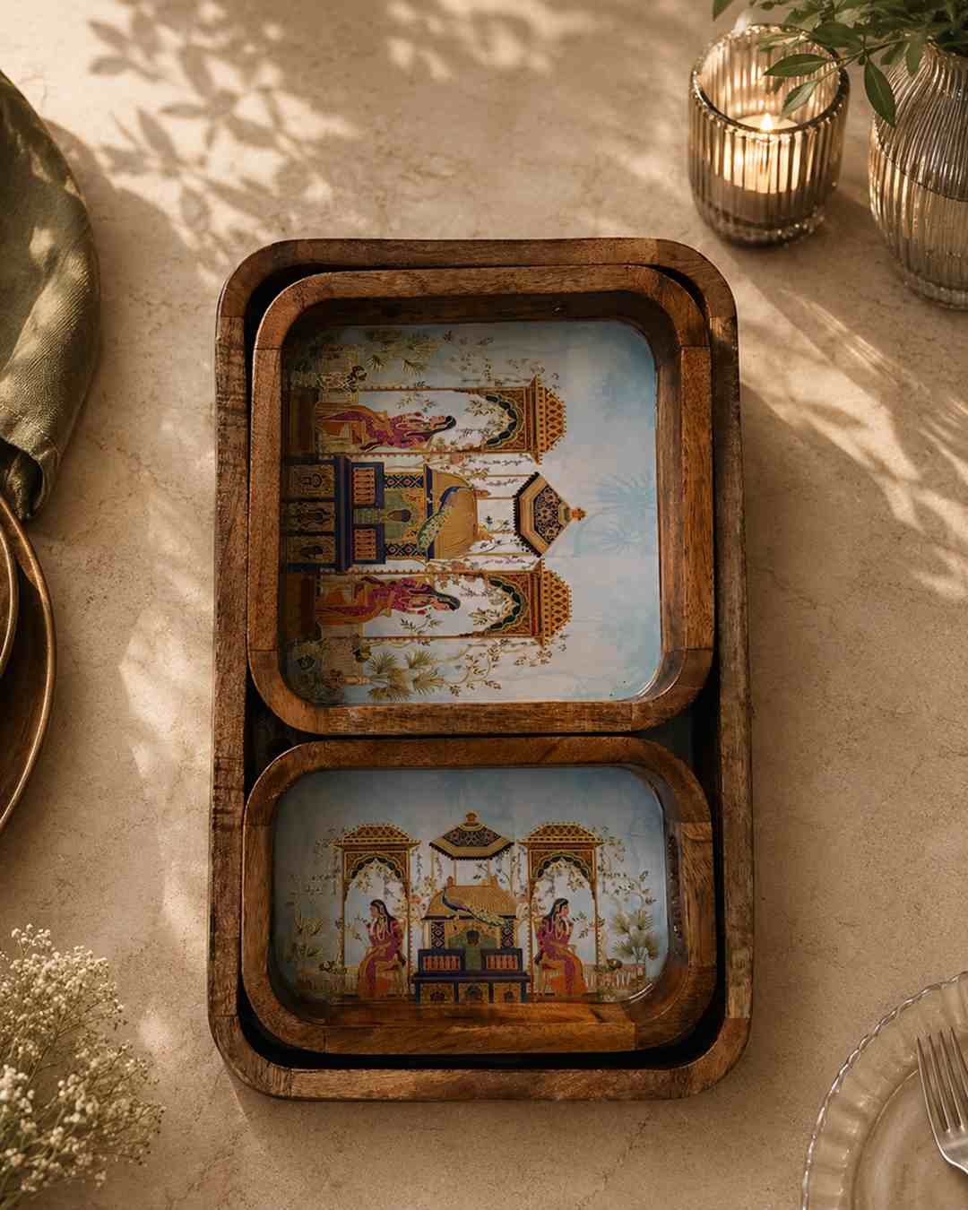 P11D1 3 Wooden Serving Tray Set of 3 for Snacks, Fruits, Desserts and Dining - Image 3