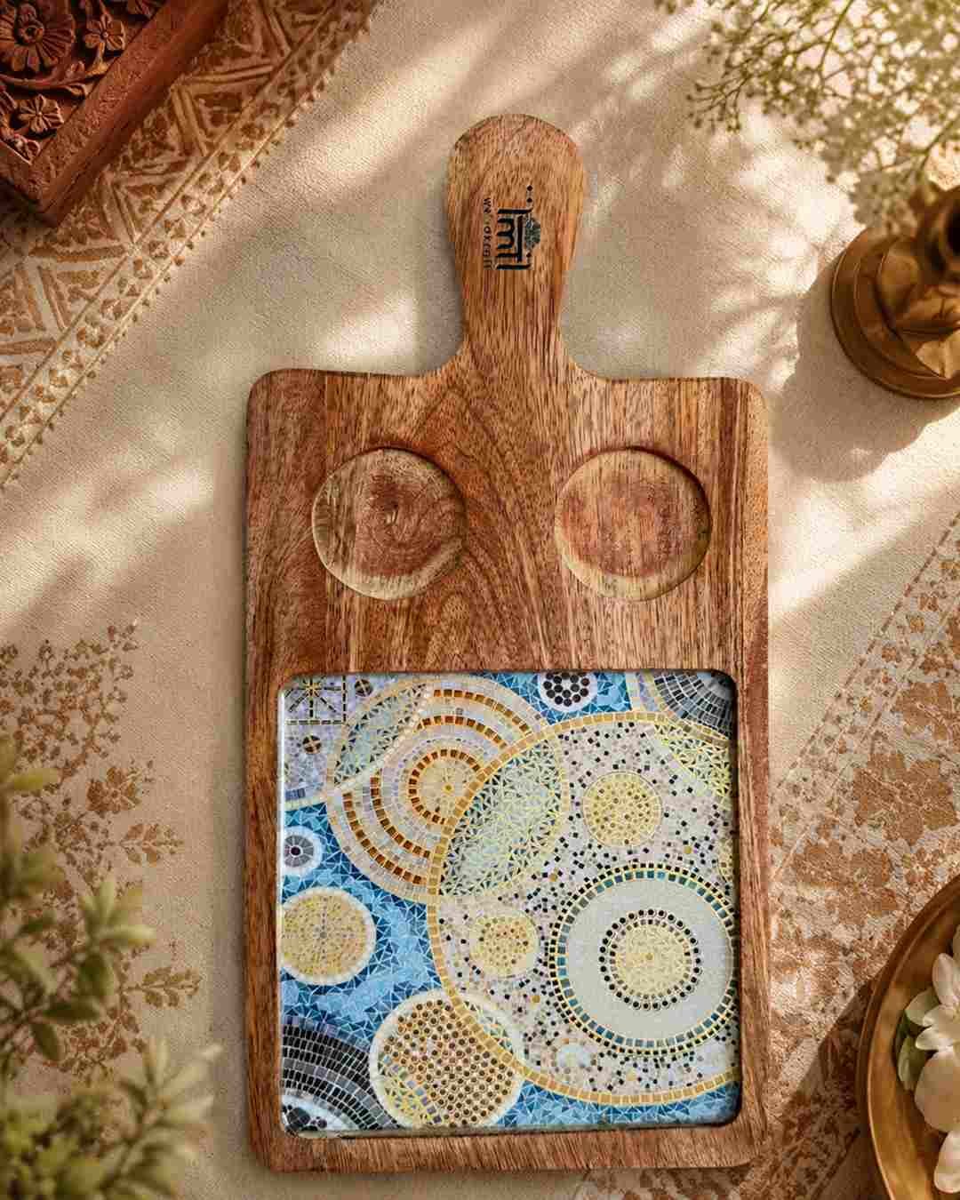 P4d1 1 Rectangular Wooden Serving Platter with Dual Dip Holders - Image 3