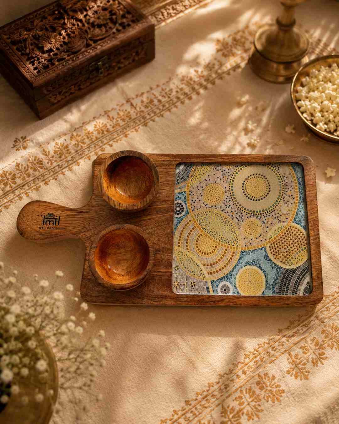 P4d1 2 Rectangular Wooden Serving Platter with Dual Dip Holders - Image 2