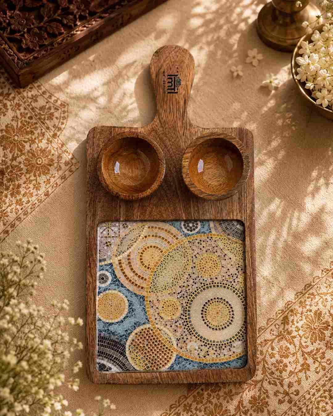 P4d1 3 Rectangular Wooden Serving Platter with Dual Dip Holders - Image 1