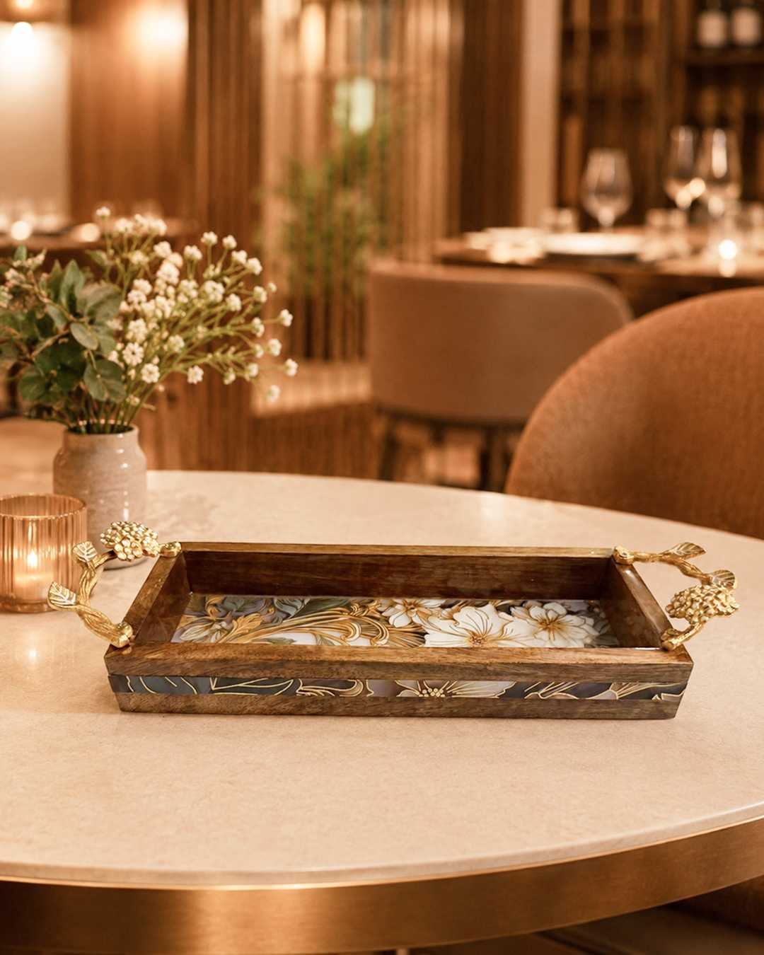 P8D1_5 1 Rectangular Wooden Tray with Handles for Snacks & Fruits - Image 1