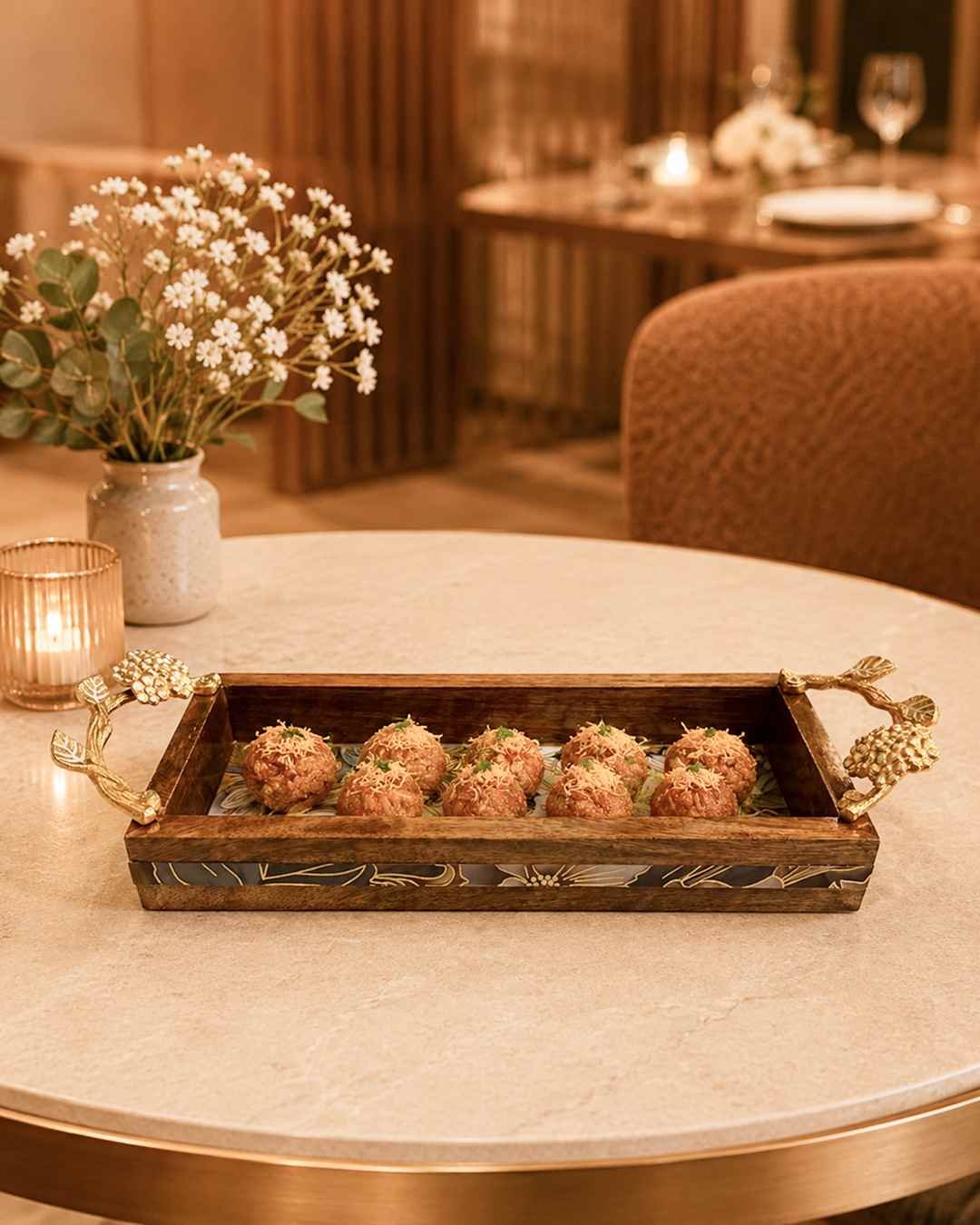 P8D1_5 3 Rectangular Wooden Tray with Handles for Snacks & Fruits - Image 3