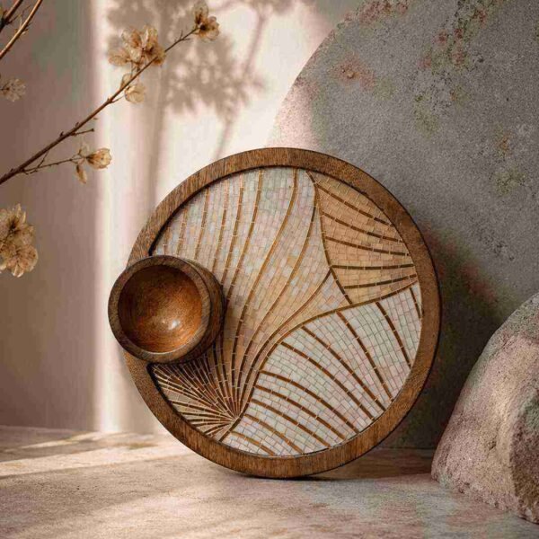 Wooden Platter With Dip Bowl For Desserts & Appetizers