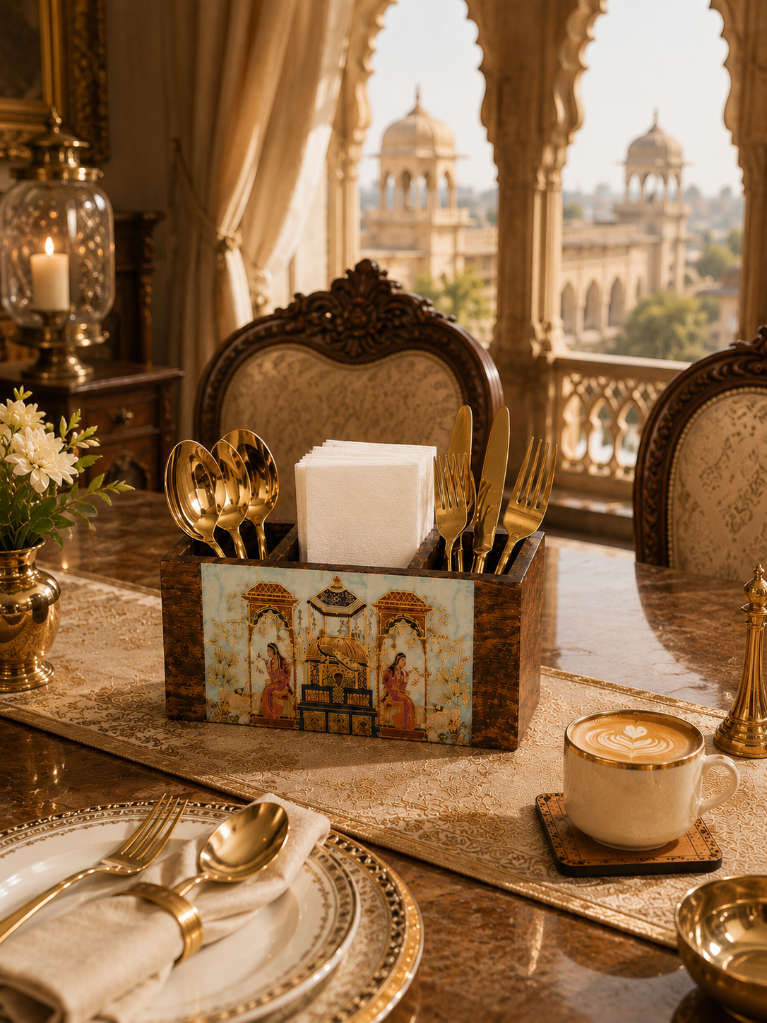 2 (1) Wooden Cutlery & Napkin Holder with Royal Indian Artwork - Image 2