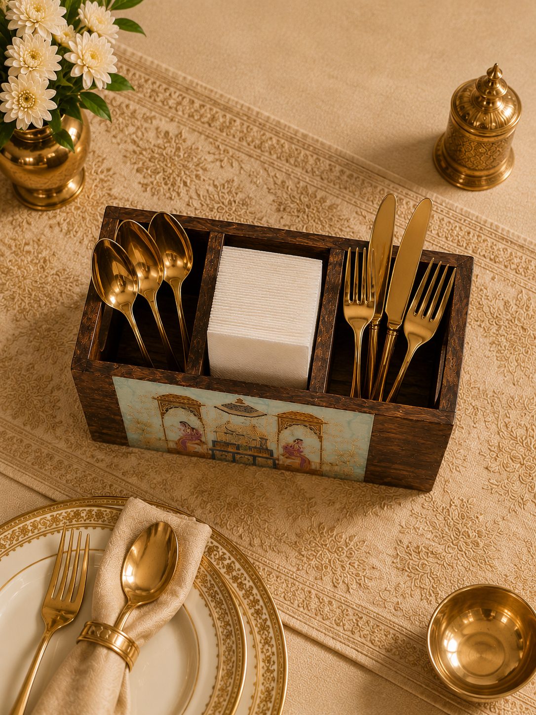 3 (1) Wooden Cutlery & Napkin Holder with Royal Indian Artwork - Image 3