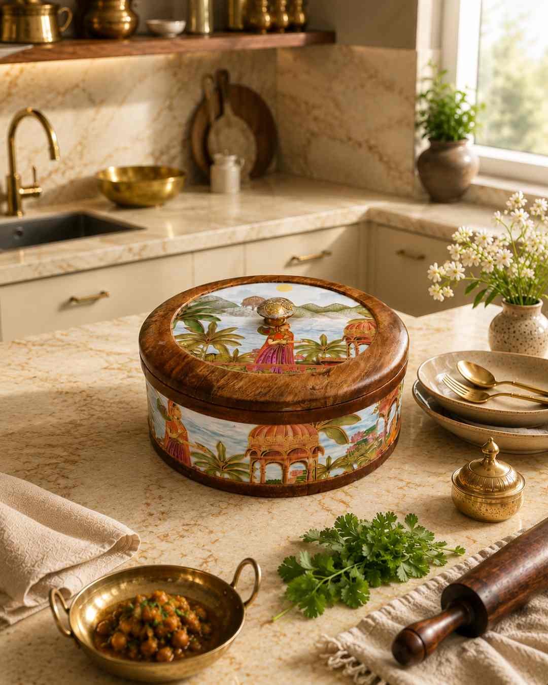 WB_P_19.1 Handcrafted Wooden Roti Box with Decorative Lid - Image 1