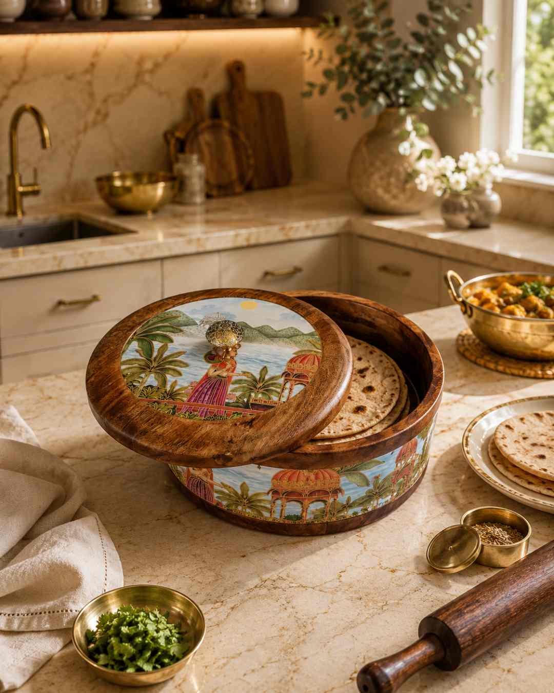 WB_P_19.2 Handcrafted Wooden Roti Box with Decorative Lid - Image 2