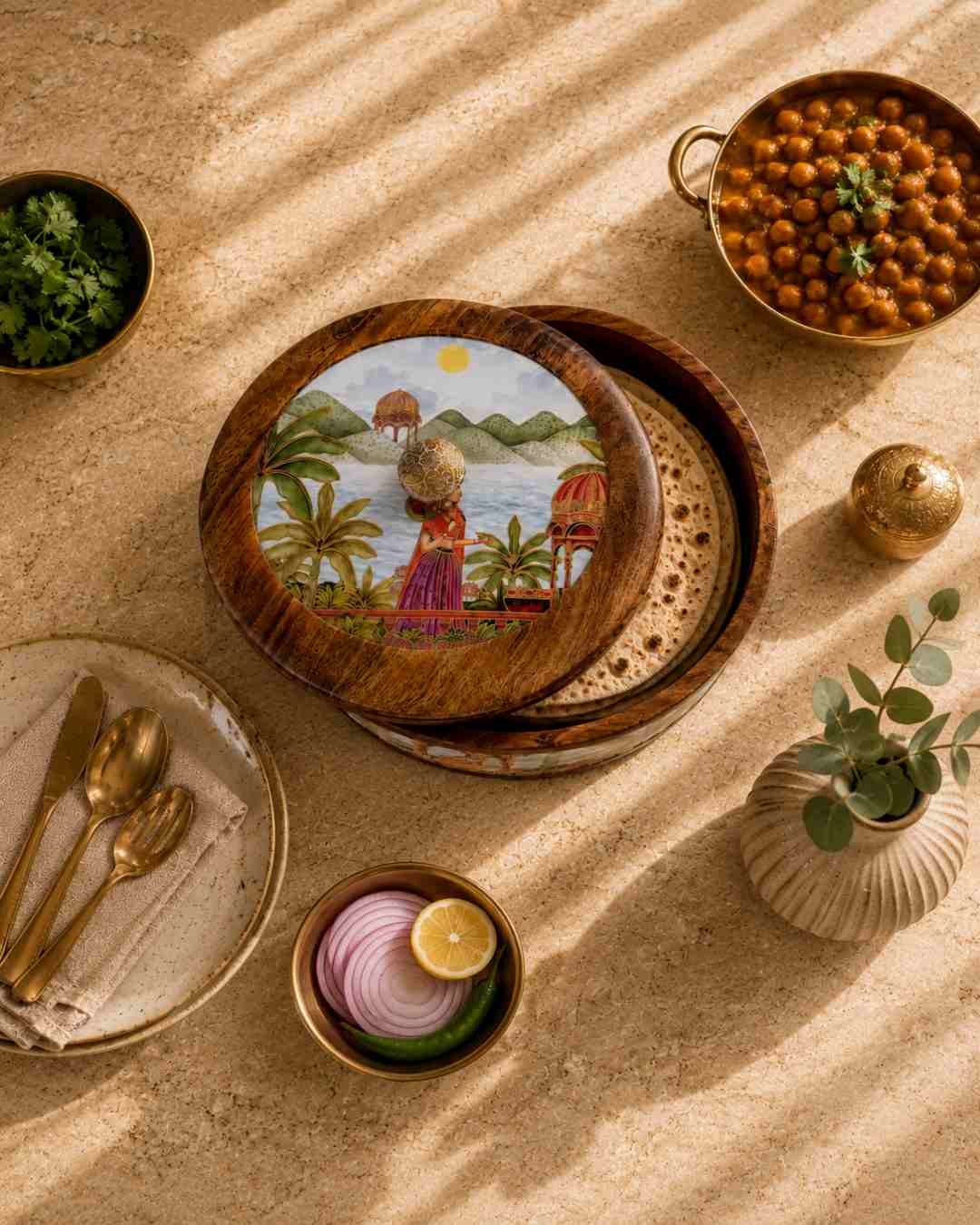 WB_P_19 Handcrafted Wooden Roti Box with Decorative Lid - Image 3