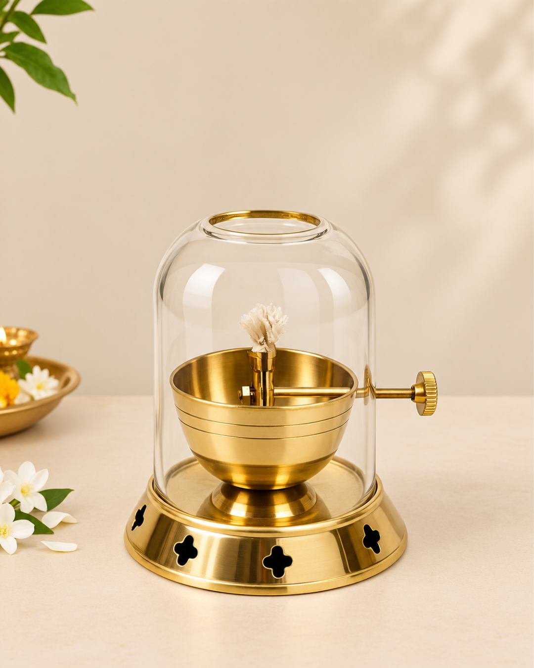 BADV2-1 Brass Akhand Diya with Glass Cover & Lid for Pooja - Image 1