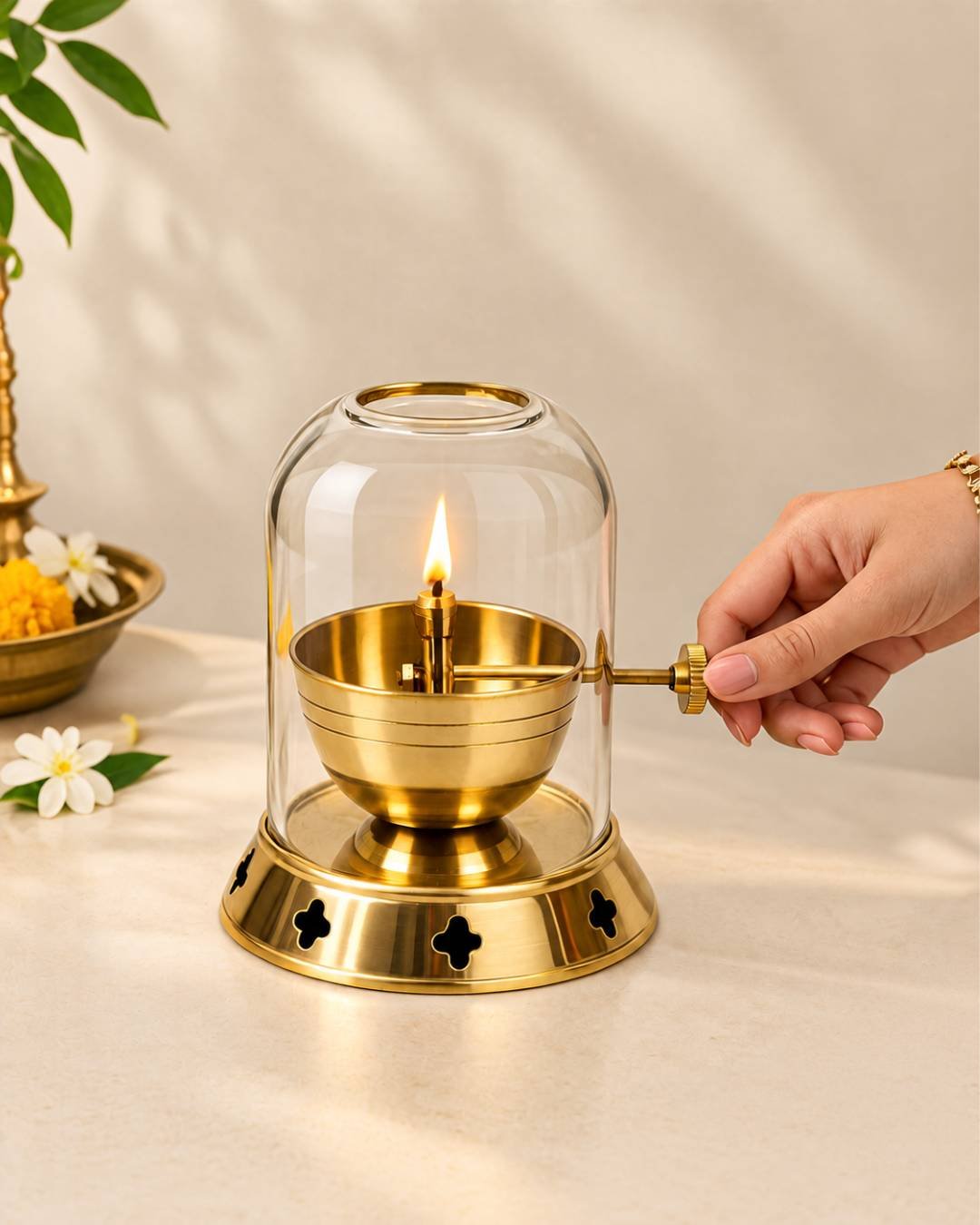 BADV2-2 Brass Akhand Diya with Glass Cover & Lid for Pooja - Image 2