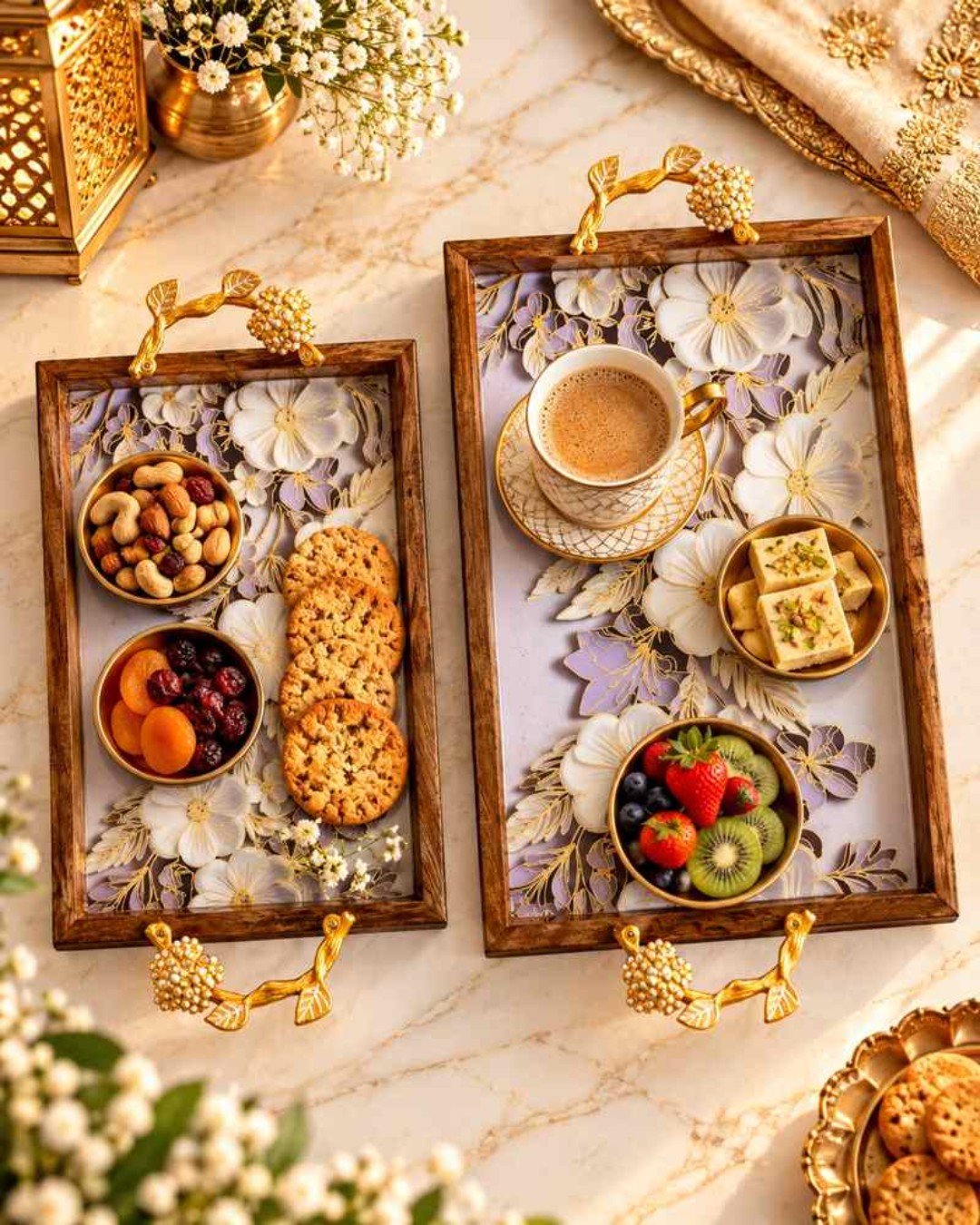 CBD151 Rectangular Wooden Serving Tray Set with Handles for Desserts & Appetizers - Image 1