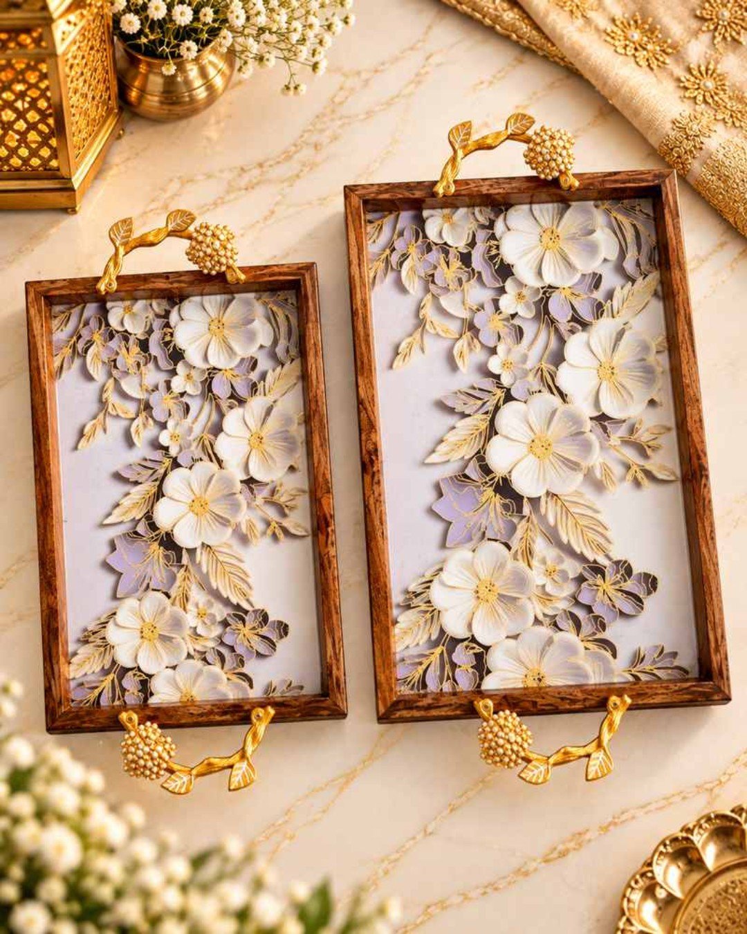 CBD152 Rectangular Wooden Serving Tray Set with Handles for Desserts & Appetizers - Image 2
