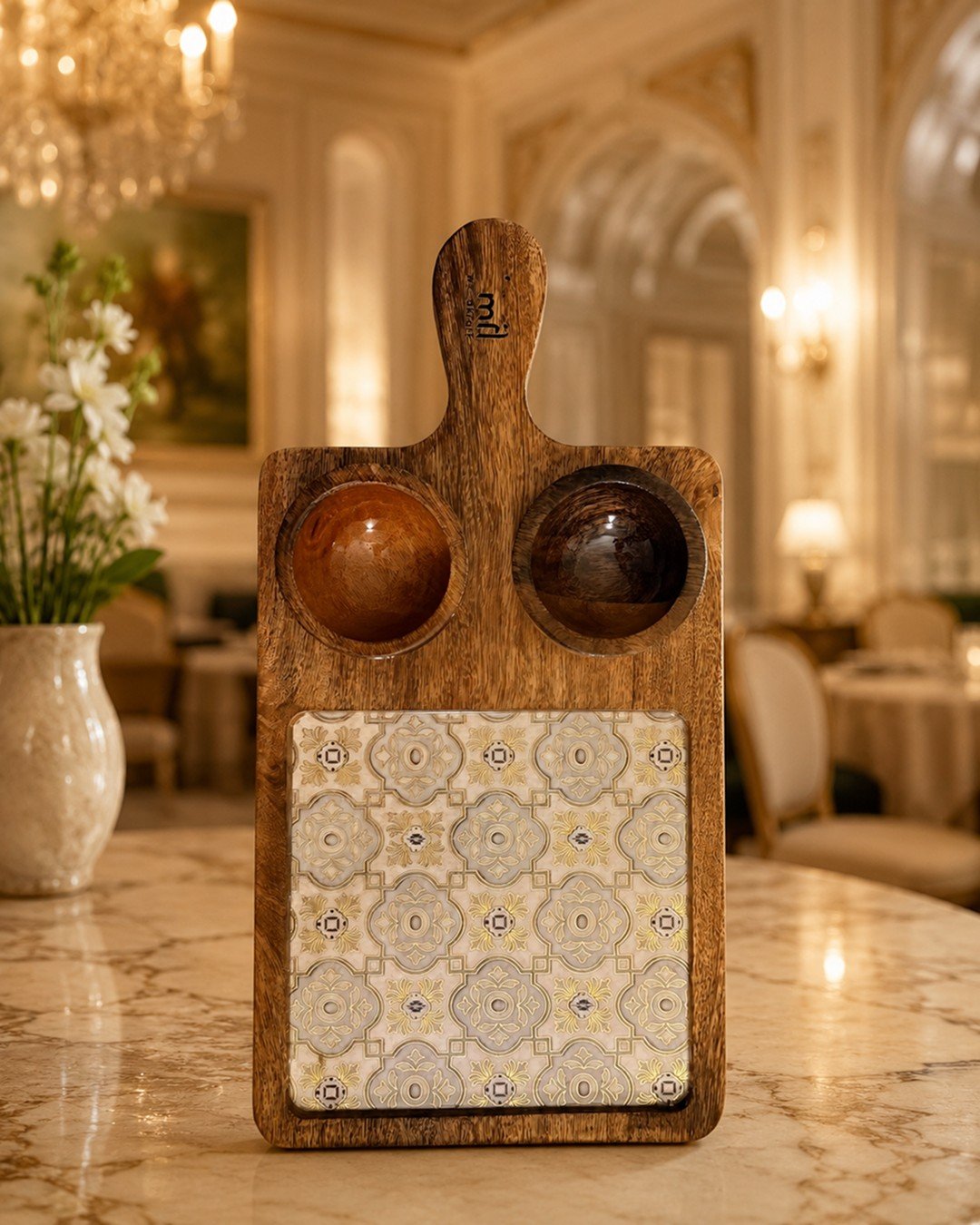CQD181 Rectangular Wooden Serving Platter with Dual Dip Holders - Image 1