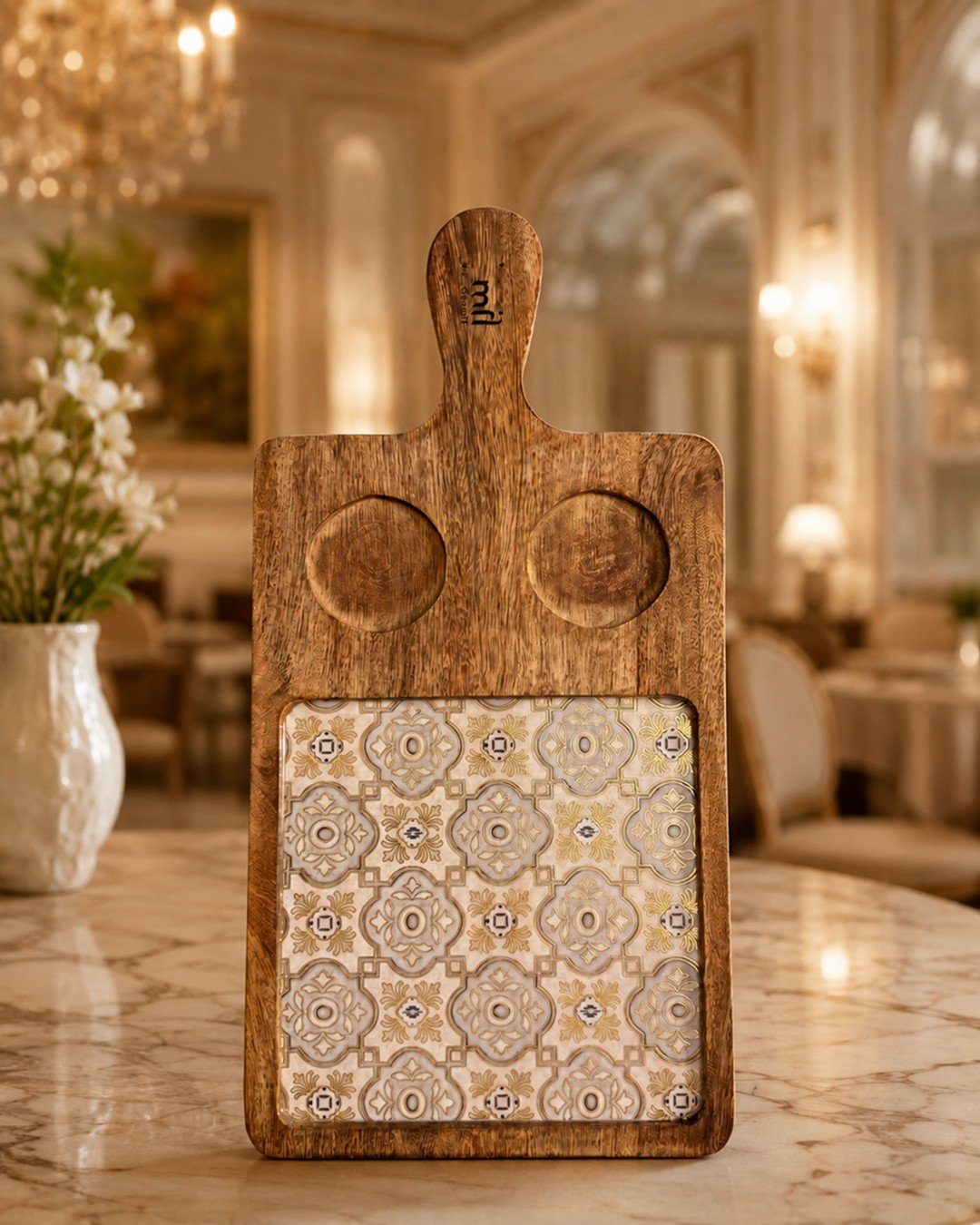 CQD183 Rectangular Wooden Serving Platter with Dual Dip Holders - Image 3